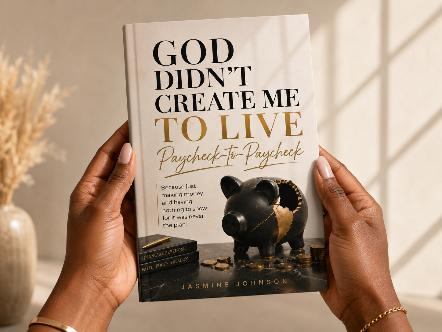 God Didn't Create Me to Live Paycheck to Paycheck physical book mockup held in two hands