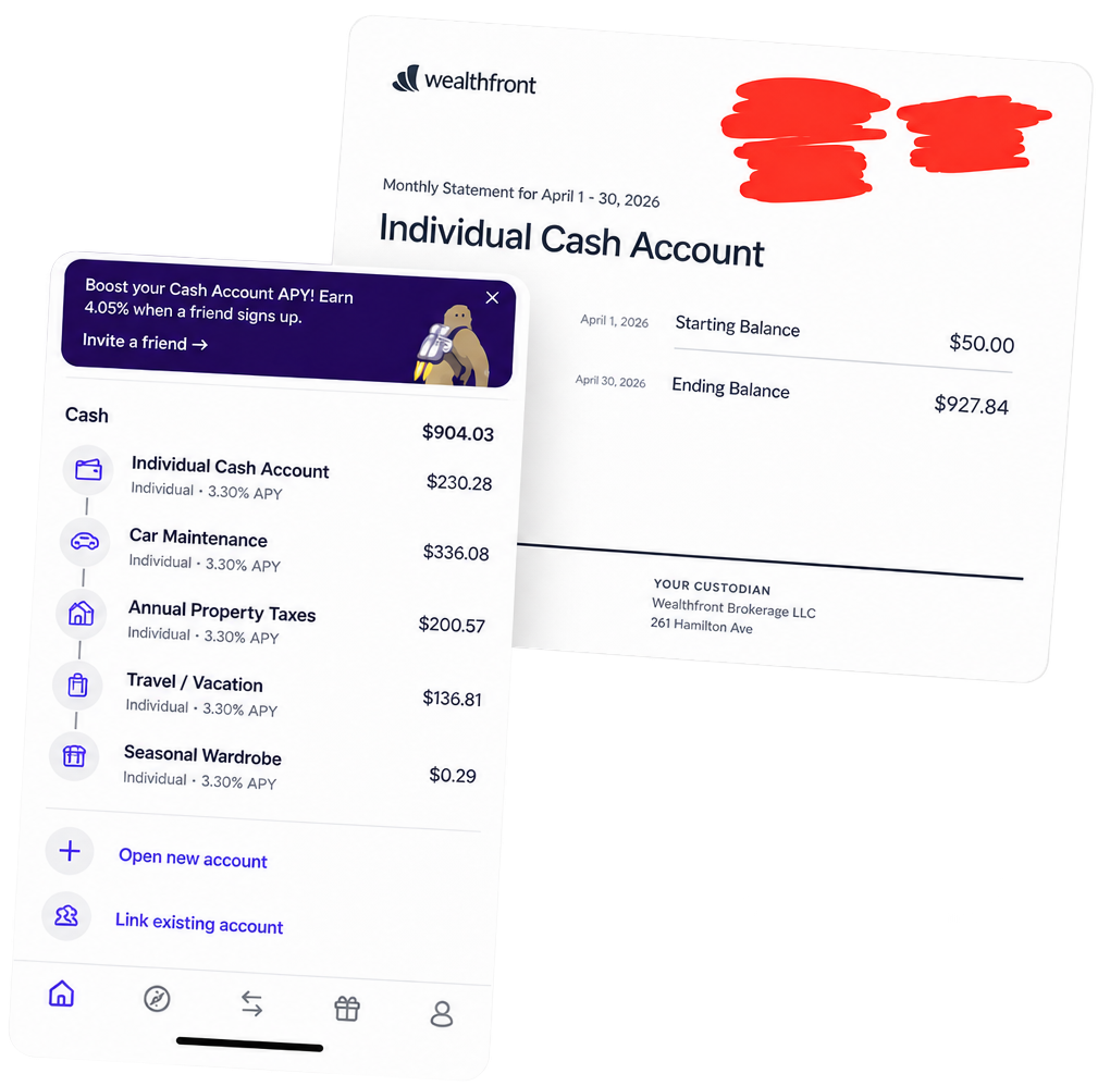 Jayla's Wealthfront statement and complete savings-bucket result showing growth from $50 to $927.84